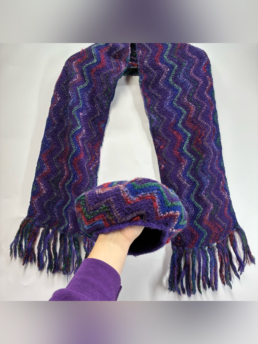Vintage 70s Made In Italy Joey Crochet Purple Hat Cap Scarf Matching Set Soft